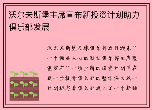 沃尔夫斯堡主席宣布新投资计划助力俱乐部发展