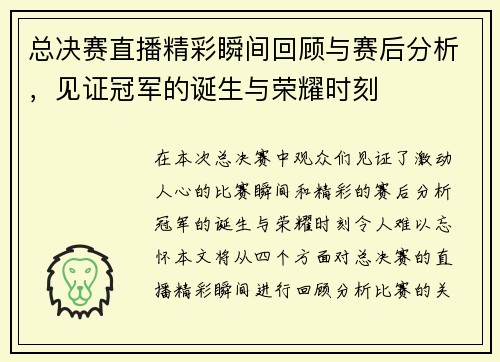总决赛直播精彩瞬间回顾与赛后分析，见证冠军的诞生与荣耀时刻