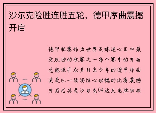 沙尔克险胜连胜五轮，德甲序曲震撼开启